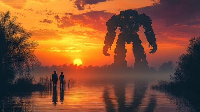 Silhouette of two people observing a giant robot at sunset reflected in calm water.