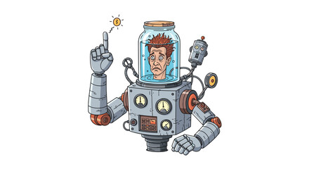 Fototapeta premium Inventor inside robot suit gets brilliant idea and points with a lightbulb in this illustration