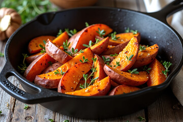 Fototapeta premium Roasted sweet potato wedges with herbs and spices in a cast iron skillet on a wooden table, with visible seasoning and garnishes.