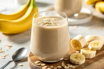 A healthy banana and oat smoothie in a glass with fresh bananas and slices