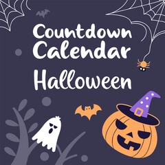 Illustration of a halloween countdown calendar with pumpkin, ghost, bat, spider, and spiderweb elements