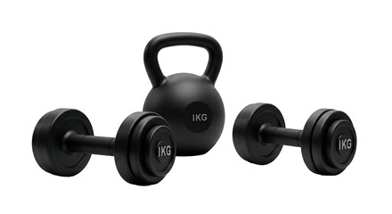 Black kettlebell and dumbbells, representing a focused strength training routine.