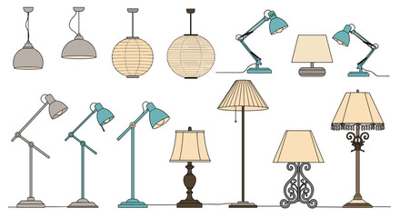 Collection of various household lighting fixtures and desk lamps