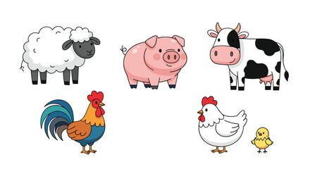 Collection of cute farm animals including sheep pig cow rooster hen and chick