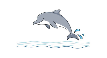 Obraz premium Cute cartoon dolphin leaping joyfully out of wavy ocean water in a vibrant playful illustration