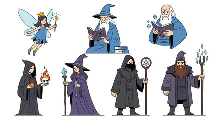 Magical beings fantasy characters illustration featuring wizards fairies and mystical figures