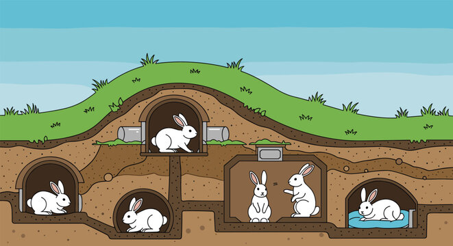 Underground rabbit warren with multiple entries and cozy burrows for a happy family of hares