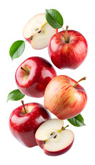 Fresh red apples with leaves and sliced halves floating in the air isolated on transparent white background, clipping path