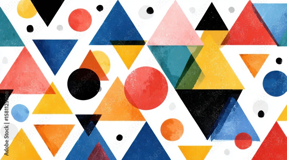 Poster bright colors in various shapes form a lively pattern of triangles and circles. the design is suitab