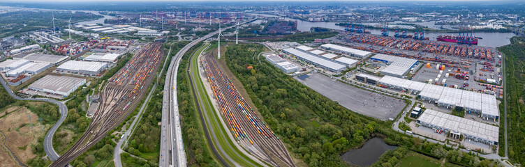 Aerial view around the city Hamburg harbour in Germany on a cloudy spring day