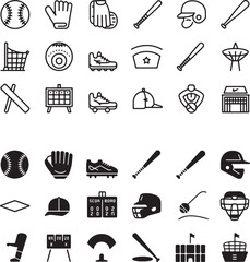 Obraz premium Baseball and Softball Icon Set – Bats, Gloves, Helmets, Fields, Scoreboards & Sports Equipment