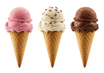 Three gourmet ice cream scoops: pink strawberry, vanilla bean with chocolate shavings, dark chocolate, each in a crispy waffle cone, subtly melting on a transparent background, concept of summer