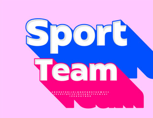 Vector Trendy sign Sport Team. 3D White Font with Big Red Shadow. Modern Alphabet Letters and Numbers set.