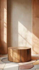 Natural wooden stool illuminated by sunlight in a room with soft shadows and neutral tones for a minimalist interior visual setting.