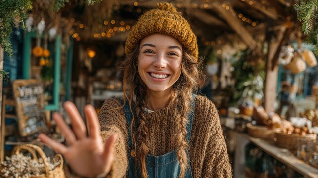 A young woman wearing a cozy knitted hat and sweater smiles warmly while waving at visitors in an outdoor market filled with festive decorations and handmade goods.