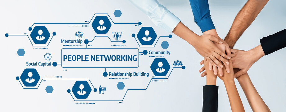 A dynamic illustration featuring diverse hands symbolizing collaboration and connection in people networking, showcasing mentorship, community, and relationship building in business. Amity