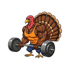 A muscular cartoon turkey lifting a barbell, isolated on white background