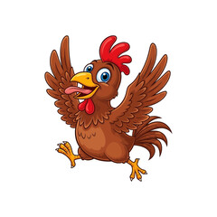 A happy cartoon chicken with its wings spread wide