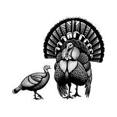 A large male turkey stands proudly next to a smaller female turkey
