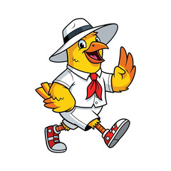 A cheerful cartoon chick wearing a hat and shirt, walking happily