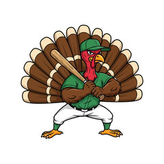 A turkey dressed as a baseball player holding a bat, ready to play