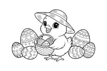 A cute chick holding a basket of easter eggs, surrounded by decorated eggs