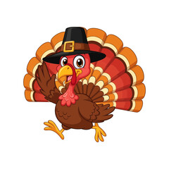 A cartoon pilgrim turkey with a hat and fanned tail
