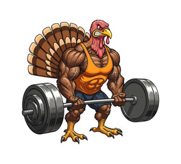 A muscular cartoon turkey lifting weights for thanksgiving fitness