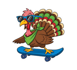 A cool cartoon turkey wearing sunglasses skateboarding for fun