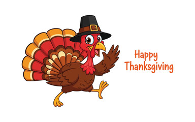 A cartoon pilgrim turkey with a hat and happy thanksgiving text