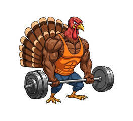 Strong cartoon turkey bodybuilder lifting a heavy barbell isolated on white