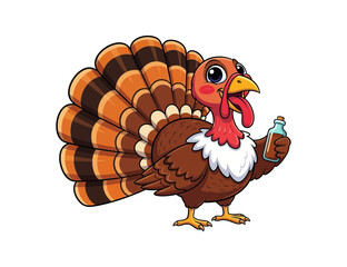 Happy cartoon turkey holding a bottle of sauce isolated on white background