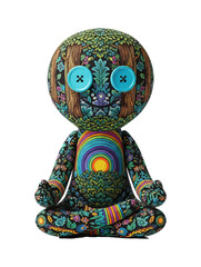 A colorful handmade plush toy with button eyes sits in meditation