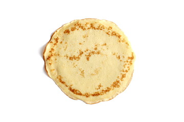 There is a thin pancake on a white background.	