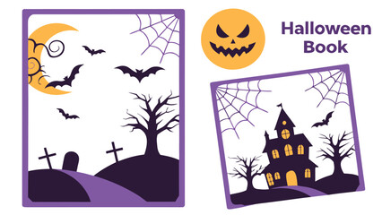 Obraz premium Illustrations of halloween themed scenes including a graveyard haunted house and pumpkin face design elements