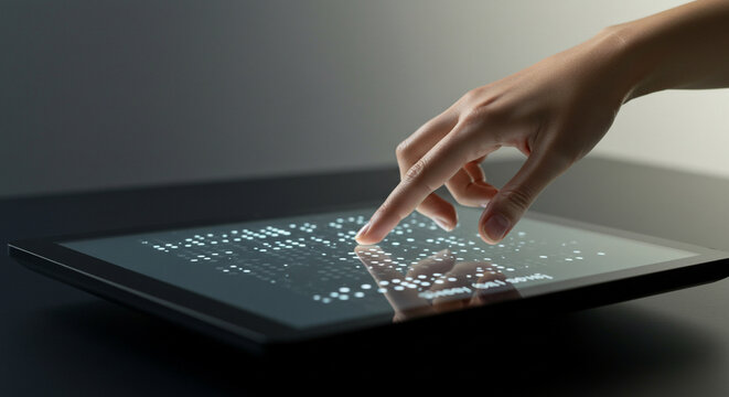 A fingertip gently touching a tablet screen displaying Braille. 