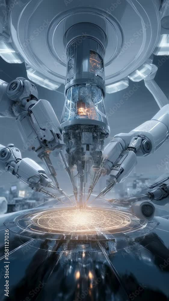 Poster precision robotic arms collaborating during advanced microchip assembly, demonstrating cutting edge 