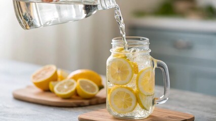 A refreshing scene unfolds as pure water is poured from a clear bottle into a mason jar mug brimming with fresh lemon slices and ice. This vibrant image perfectly captures the essence of healthy 