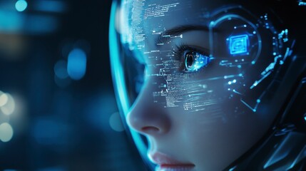 Close-up profile of a futuristic female cyborg with digital interface overlay on her face.