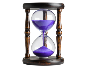 A - “Ancient Wooden Hourglass with Cracked Glass and Purple Magical Mist, Angled Side View, Isolated PNG”