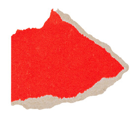 Piece of torn red cardboard with brown ripped edges, isolated element for collage