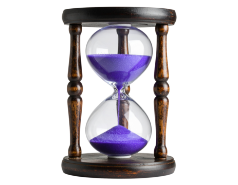 A - “Ancient Wooden Hourglass with Cracked Glass and Purple Magical Mist, Angled Side View, Isolated PNG”