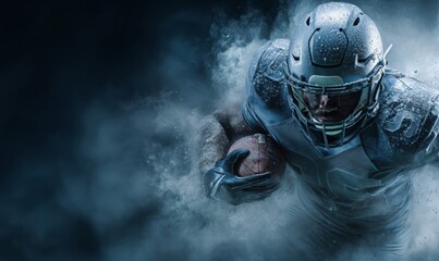 Intense close-up of an American football player in a helmet, focused and ready for the game	