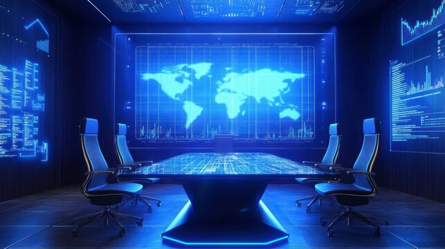 Futuristic meeting room with holographic world map and data displays.
