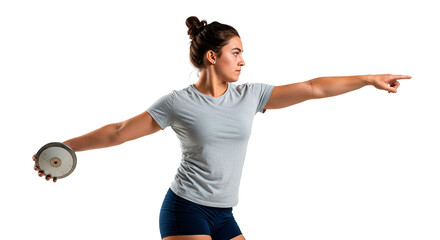 A determined female athlete prepares to throw the discus in a moment of intense focus and readiness.