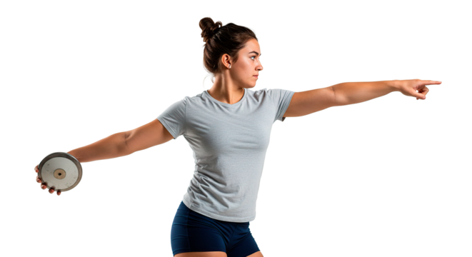 A determined female athlete prepares to throw the discus in a moment of intense focus and readiness.