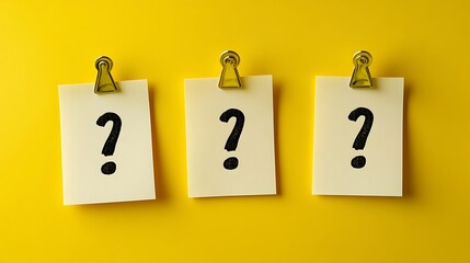 Three Question Marks on Sticky Notes Attached with Gold Clips Against a Yellow Background