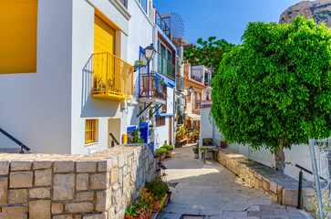 Alicante old town Santa Cruz neighborhood with narrow street, typical white houses, traditional colorful buildings, Casco Antiguo in Alicante city historic centre, Valencian Community, Spain