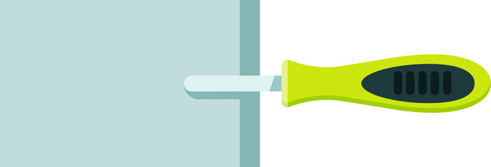 Green chisel breaking through a light blue wall with white background, construction and renovation concept, vector illustration in flat design