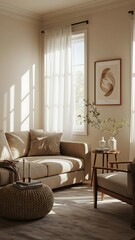 Fototapeta premium Bright and Serene Modern Living Room with Beige Sofa and Natural Sunlight